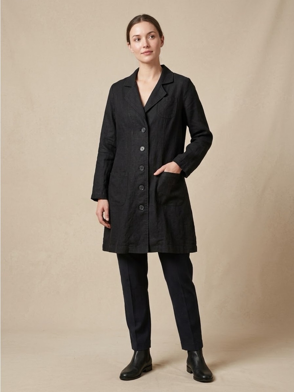 Flax Linen Duster Jacket Black Lagenlook Minimalist Blazer Coat Women’s Small